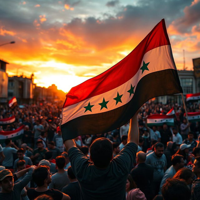 A dramatic scene depicting the Syrian revolution, with passionate protestors holding the Syrian revolution flag prominently displayed in the foreground