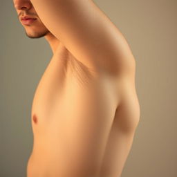 A close-up portrait of a young man's underarm, showcasing natural body hair