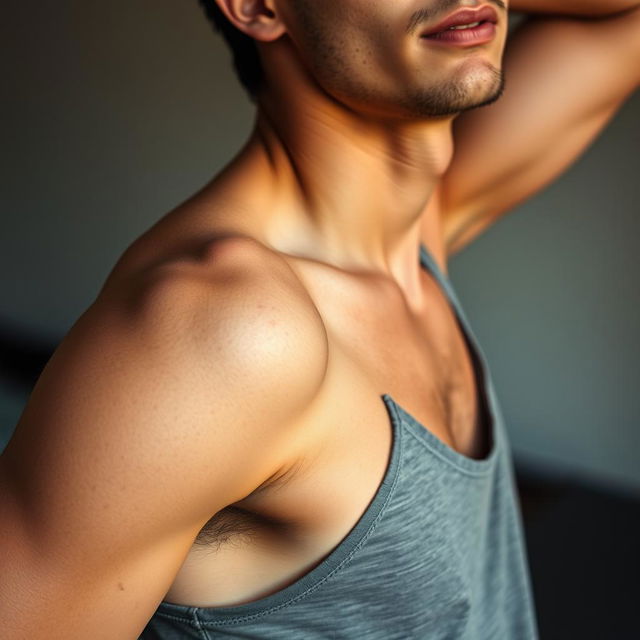 A close-up portrait of a young man's underarm, showcasing natural body hair