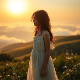A melancholic scene of a girl wearing a flowing white dress, gazing into the distance with a look of sorrowful longing