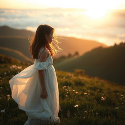 A melancholic scene of a girl wearing a flowing white dress, gazing into the distance with a look of sorrowful longing
