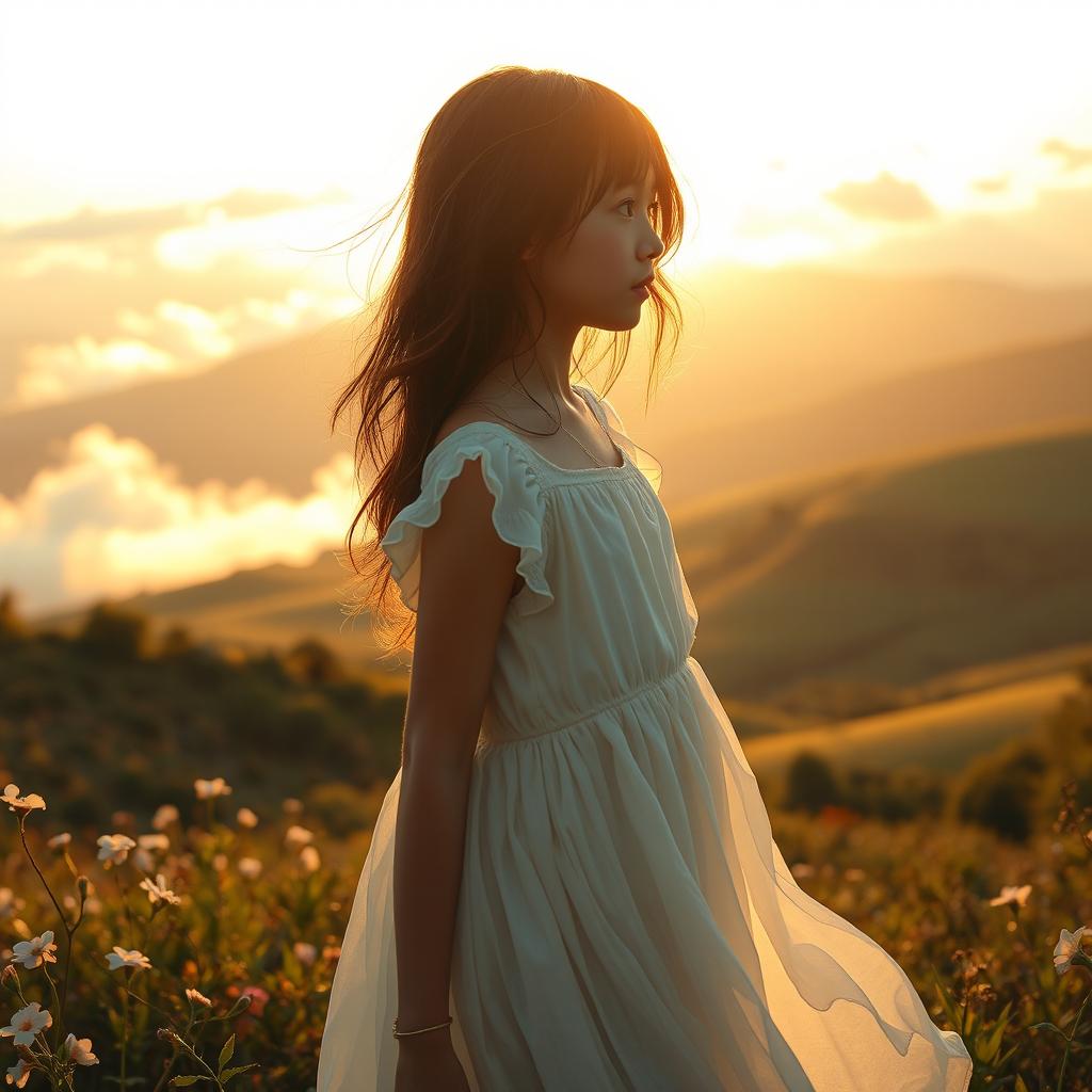 A melancholic scene of a girl wearing a flowing white dress, gazing into the distance with a look of sorrowful longing