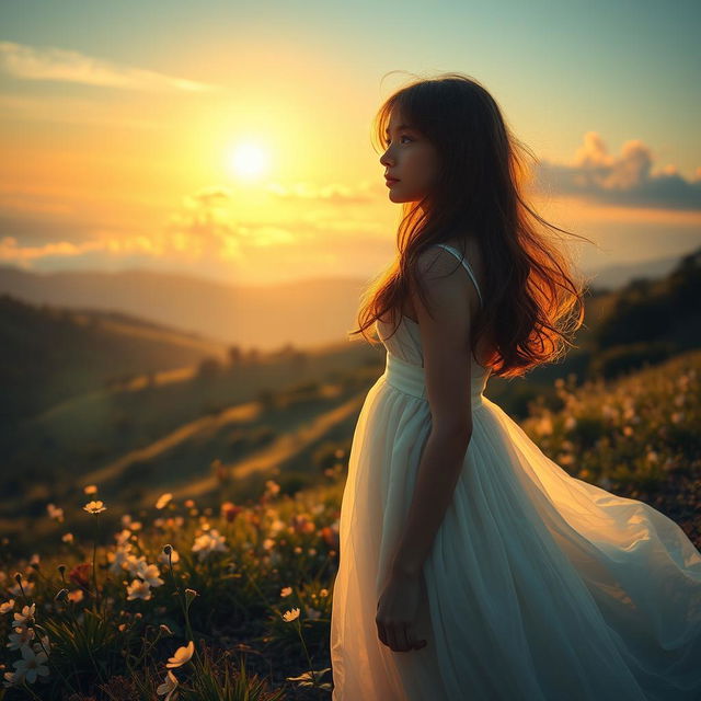 A melancholic scene of a girl wearing a flowing white dress, gazing into the distance with a look of sorrowful longing