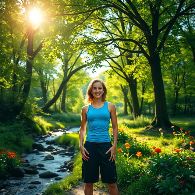 A stunning and vibrant outdoor scene in a lush forest with bright green trees, sun filtering through the leaves, and a tranquil stream flowing through