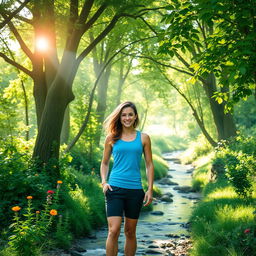 A stunning and vibrant outdoor scene in a lush forest with bright green trees, sun filtering through the leaves, and a tranquil stream flowing through