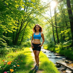 A stunning and vibrant outdoor scene in a lush forest with bright green trees, sun filtering through the leaves, and a tranquil stream flowing through