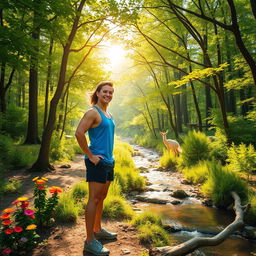 A stunning and vibrant outdoor scene in a lush forest with bright green trees, sun filtering through the leaves, and a tranquil stream flowing through