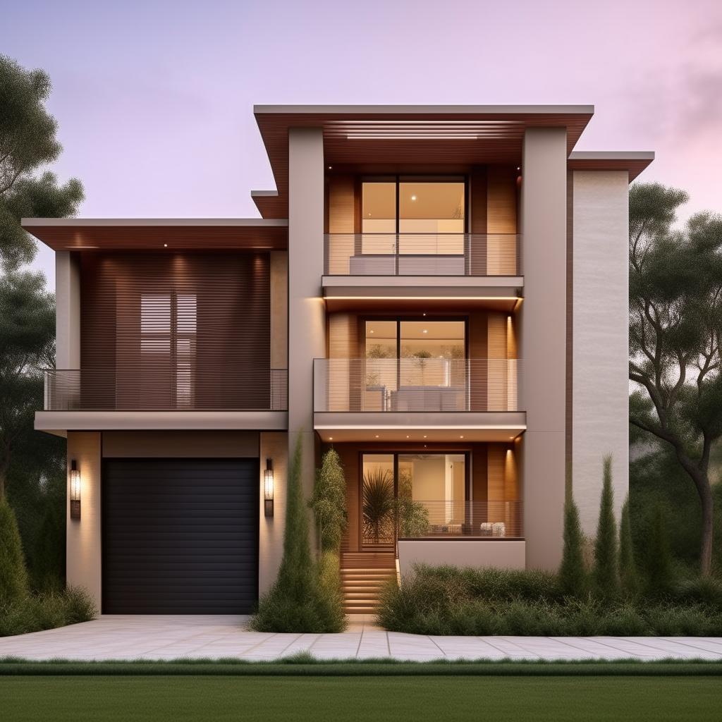 Create an elegant three-story building on a 60ft x 30ft plot. The design includes a right-sided garage with a ladder, crafted with a beautiful and modern architectural style.