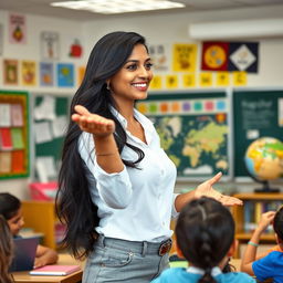 A beautiful and attractive Indian female teacher in a classroom setting