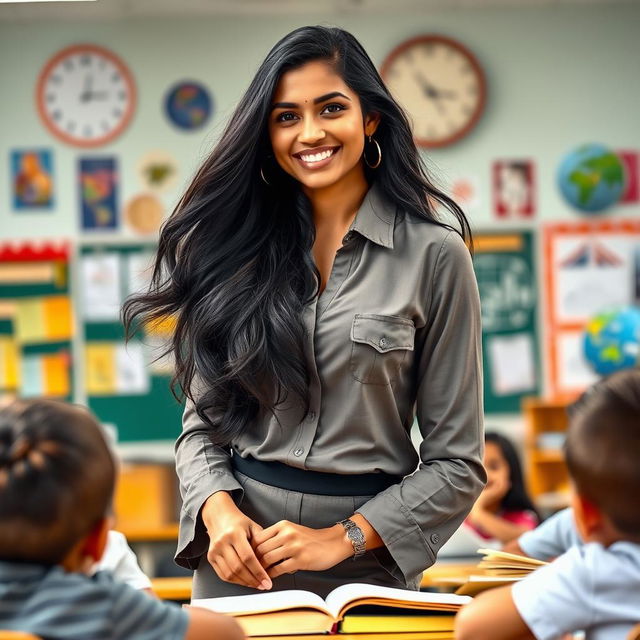 A beautiful and attractive Indian female teacher in a classroom setting