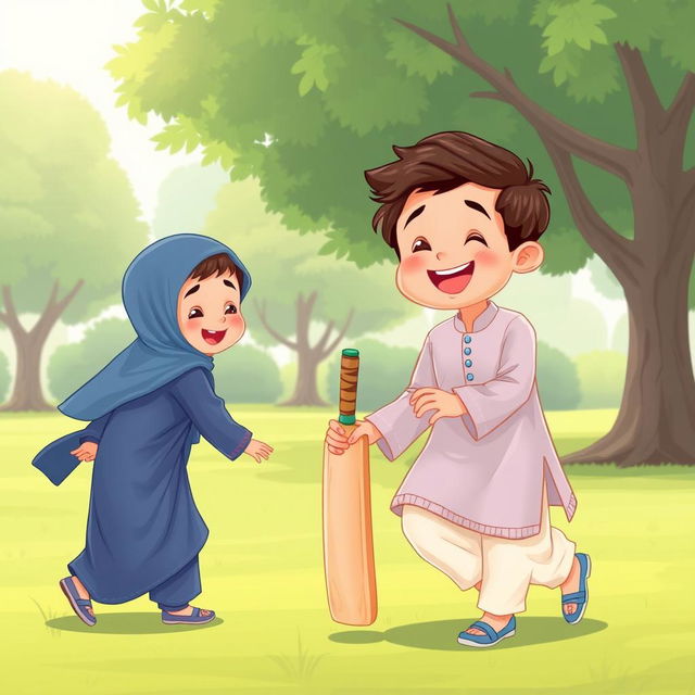 Two young Muslim brothers playing cricket in a green park, wearing traditional shalwar qameez