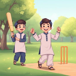 Two young Muslim brothers playing cricket in a green park, wearing traditional shalwar qameez