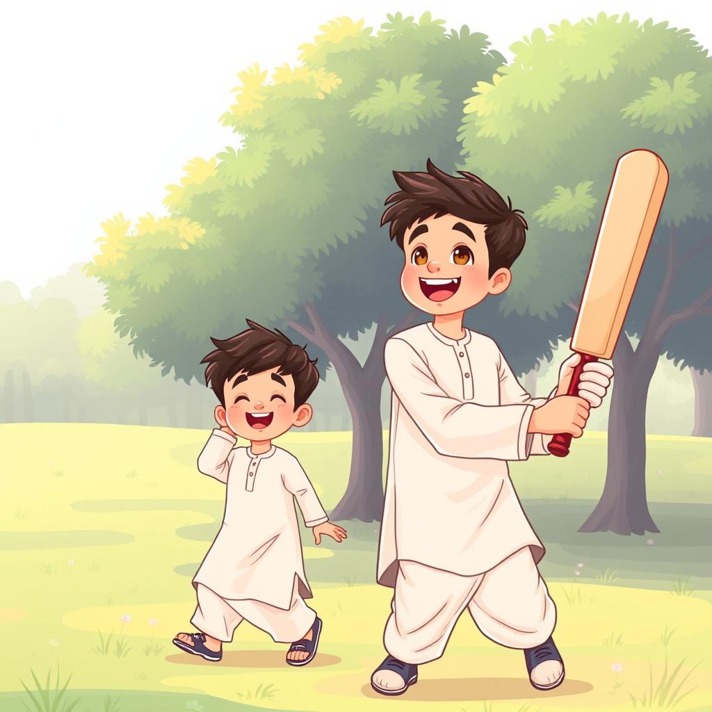 Two young Muslim brothers playing cricket in a green park, wearing traditional shalwar qameez