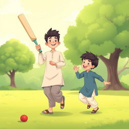 Two young Muslim brothers playing cricket in a green park, wearing traditional shalwar qameez
