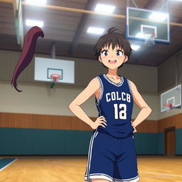 A scene inside a basketball gym featuring a girl in a basketball club uniform, focused and athletic, standing with her hands on her hips