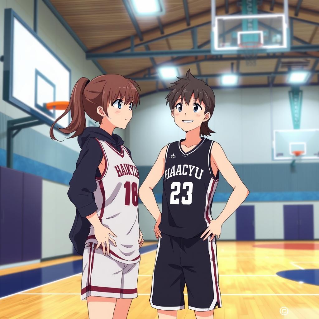 A scene inside a basketball gym featuring a girl in a basketball club uniform, focused and athletic, standing with her hands on her hips
