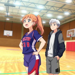 A scene inside a basketball gym featuring a girl in a basketball club uniform, focused and athletic, standing with her hands on her hips