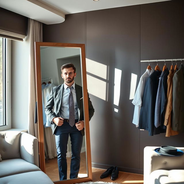 A stylish interior room where a man is changing outfits