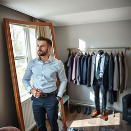 A stylish interior room where a man is changing outfits