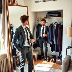 A stylish interior room where a man is changing outfits