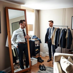 A stylish interior room where a man is changing outfits