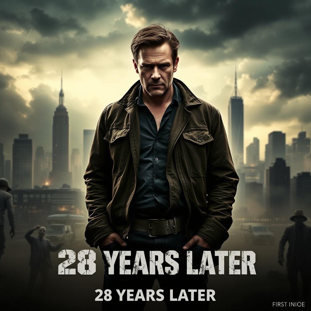 The first teaser poster for the fictional movie "28 Years Later (2025)" featuring a dramatic, dystopian cityscape in the background with dark, ominous clouds looming overhead