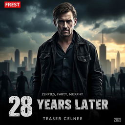 The first teaser poster for the fictional movie "28 Years Later (2025)" featuring a dramatic, dystopian cityscape in the background with dark, ominous clouds looming overhead