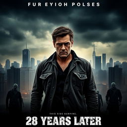 The first teaser poster for the fictional movie "28 Years Later (2025)" featuring a dramatic, dystopian cityscape in the background with dark, ominous clouds looming overhead