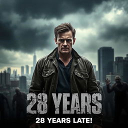 The first teaser poster for the fictional movie "28 Years Later (2025)" featuring a dramatic, dystopian cityscape in the background with dark, ominous clouds looming overhead