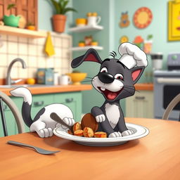 A surreal and humorous scene featuring a cartoon dog sitting at a dining table, happily munching on a cartoon cat that is exaggeratedly styled as food on a plate