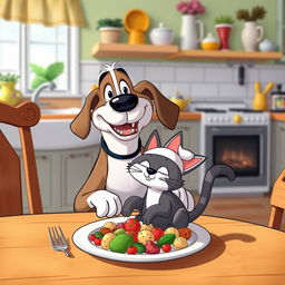 A surreal and humorous scene featuring a cartoon dog sitting at a dining table, happily munching on a cartoon cat that is exaggeratedly styled as food on a plate
