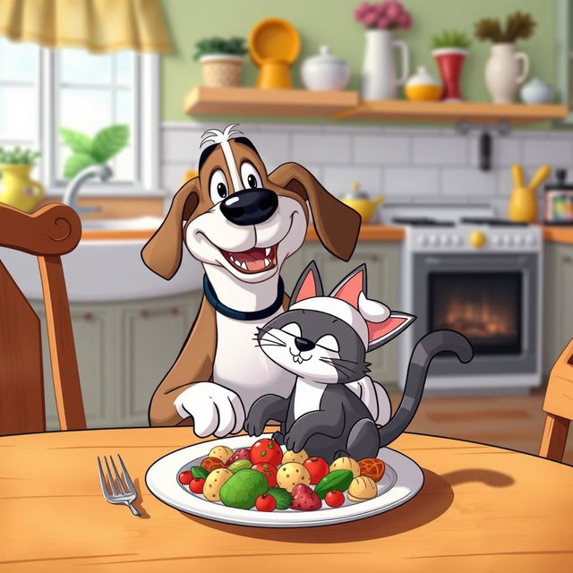 A surreal and humorous scene featuring a cartoon dog sitting at a dining table, happily munching on a cartoon cat that is exaggeratedly styled as food on a plate