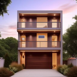 Create an elegant three-story building on a 60ft x 30ft plot. The design includes a right-sided garage with a ladder, crafted with a beautiful and modern architectural style.