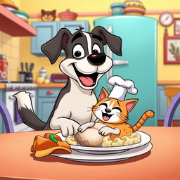 A surreal and humorous scene featuring a cartoon dog sitting at a dining table, happily munching on a cartoon cat that is exaggeratedly styled as food on a plate