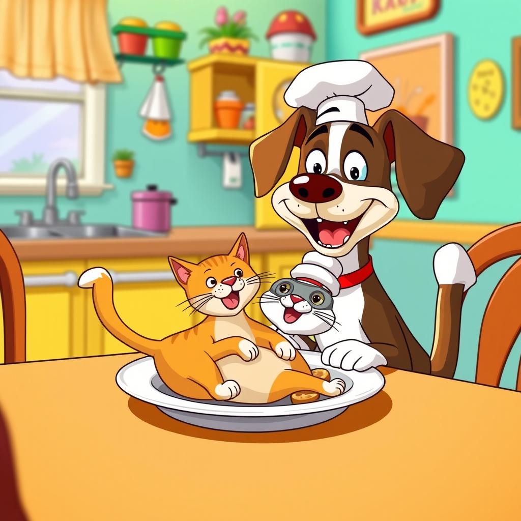 A surreal and humorous scene featuring a cartoon dog sitting at a dining table, happily munching on a cartoon cat that is exaggeratedly styled as food on a plate