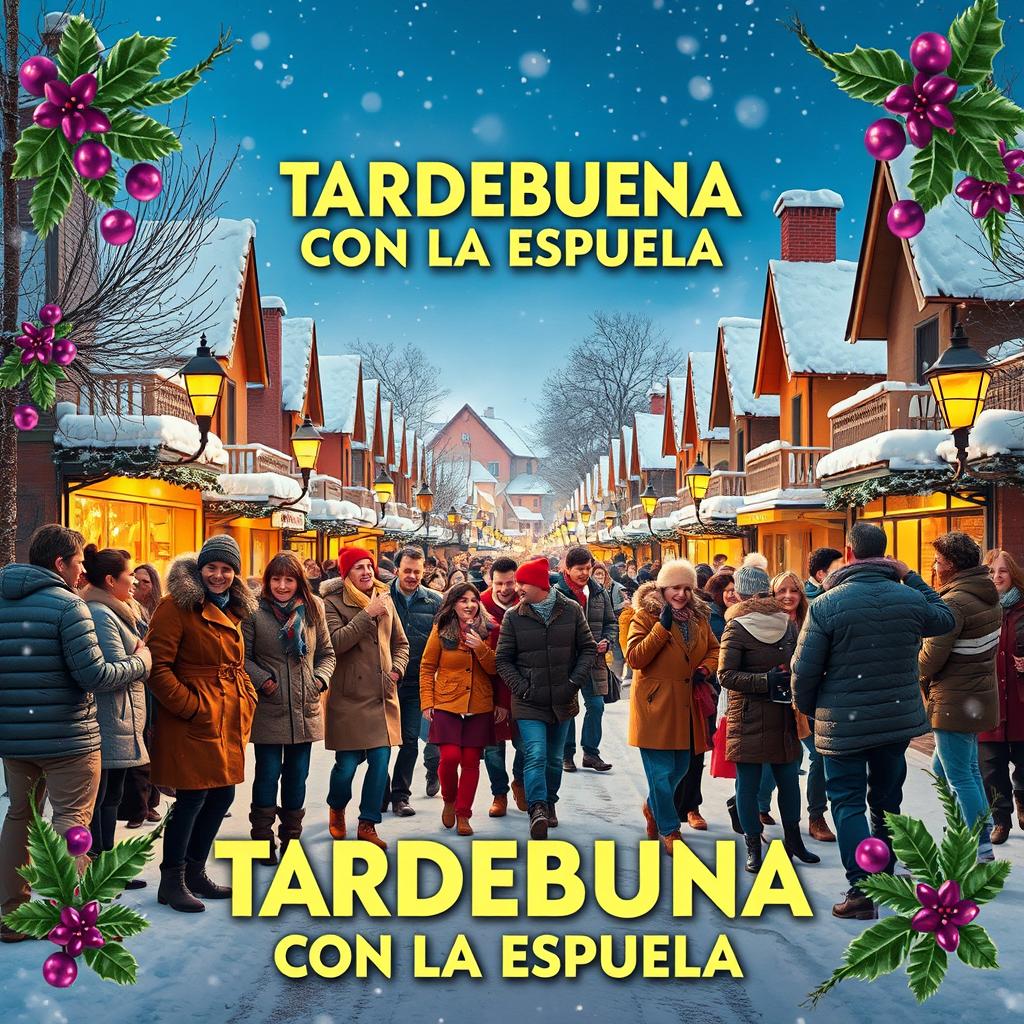 A movie poster for "TARDEBUENA CON LA ESPUELA" set in a snowy street on a Christmas afternoon