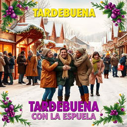 A movie poster for "TARDEBUENA CON LA ESPUELA" set in a snowy street on a Christmas afternoon
