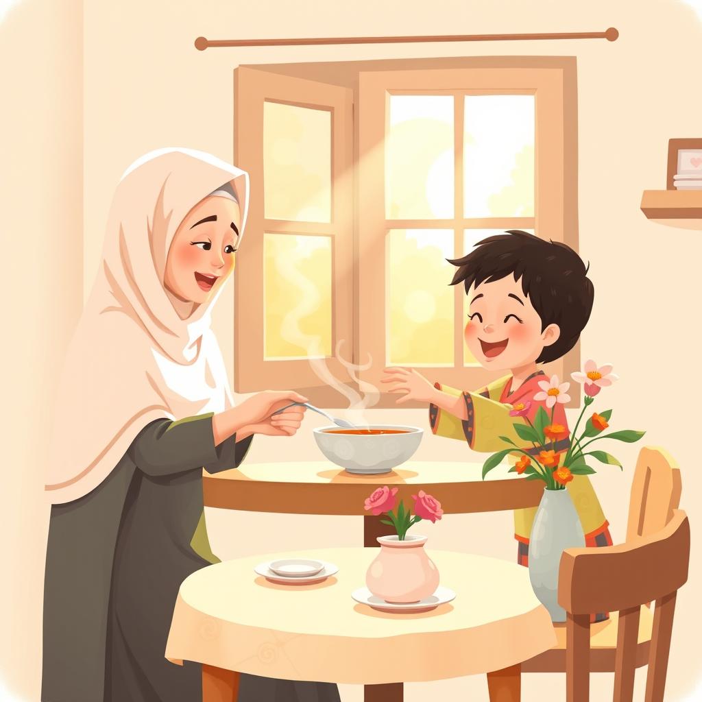 A warm kitchen scene featuring a Muslim mother, donning a soft, pastel-colored hijab, serving a steaming bowl of soup to her joyful child sitting at a quaint dining table