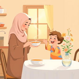 A warm kitchen scene featuring a Muslim mother, donning a soft, pastel-colored hijab, serving a steaming bowl of soup to her joyful child sitting at a quaint dining table
