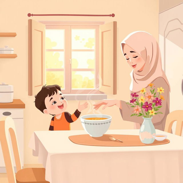 A warm kitchen scene featuring a Muslim mother, donning a soft, pastel-colored hijab, serving a steaming bowl of soup to her joyful child sitting at a quaint dining table