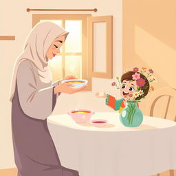 A warm kitchen scene featuring a Muslim mother, donning a soft, pastel-colored hijab, serving a steaming bowl of soup to her joyful child sitting at a quaint dining table