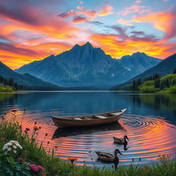 A serene landscape featuring a tranquil lake surrounded by majestic mountains in the background