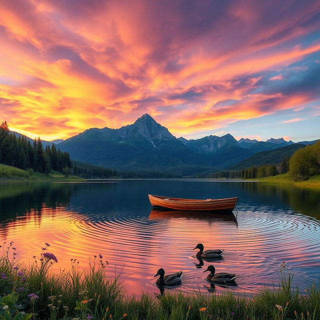 A serene landscape featuring a tranquil lake surrounded by majestic mountains in the background