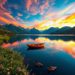 A serene landscape featuring a tranquil lake surrounded by majestic mountains in the background