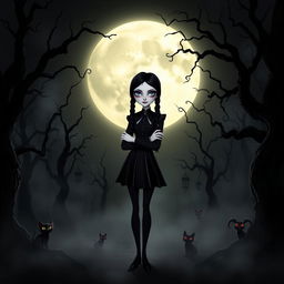 A dramatic and suspenseful scene depicting a mystical and eerie atmosphere reminiscent of 'Wednesday' with gothic elements