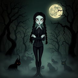 A dramatic and suspenseful scene depicting a mystical and eerie atmosphere reminiscent of 'Wednesday' with gothic elements