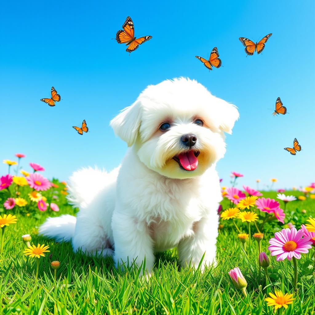 A beautiful, playful bichon frise dog sitting on a sunny green lawn, surrounded by colorful flowers