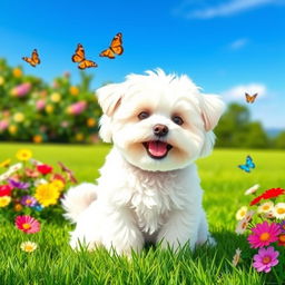 A beautiful, playful bichon frise dog sitting on a sunny green lawn, surrounded by colorful flowers