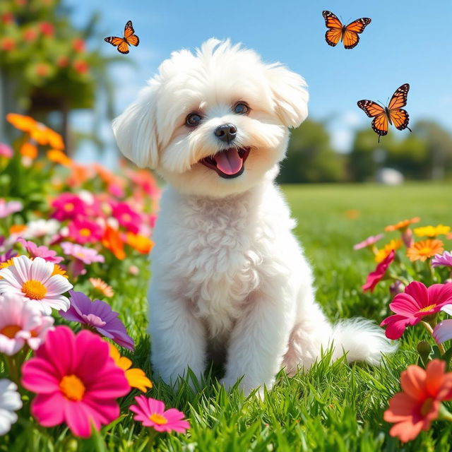 A beautiful, playful bichon frise dog sitting on a sunny green lawn, surrounded by colorful flowers