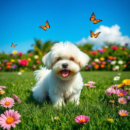 A beautiful, playful bichon frise dog sitting on a sunny green lawn, surrounded by colorful flowers